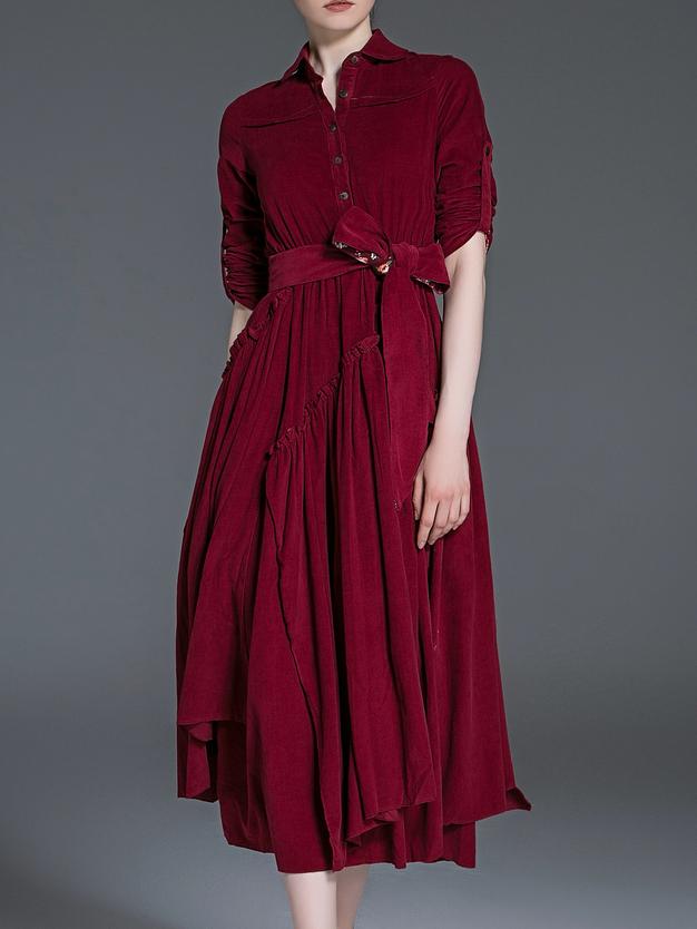 Romwe Burgundy Lapel Tie-waist Midi Dress