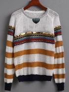 Romwe Multicolor Striped Eyelet Sweater