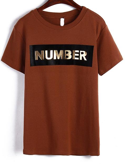 Romwe Number Print Loose Brown T-shirt