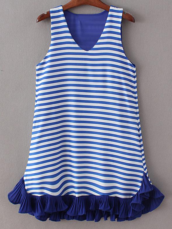 Romwe Multicolor V Neck Pockets Ruffle Hem Stripe Dress