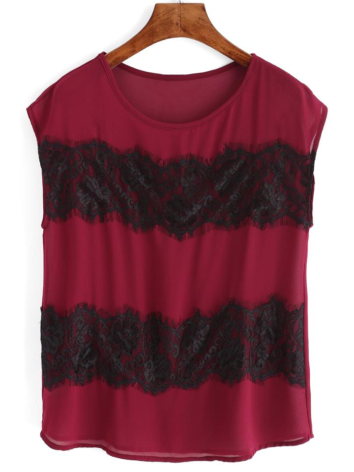 Romwe Crew Neck Lace Chiffon Top