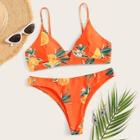 Romwe Random Orange Print Lace-up Back Bikini Set