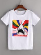Romwe White Shark Print T-shirt