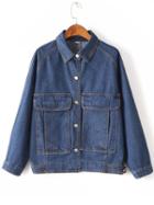Romwe Blue Raglan Sleeve Single Breasted Denim Jacket
