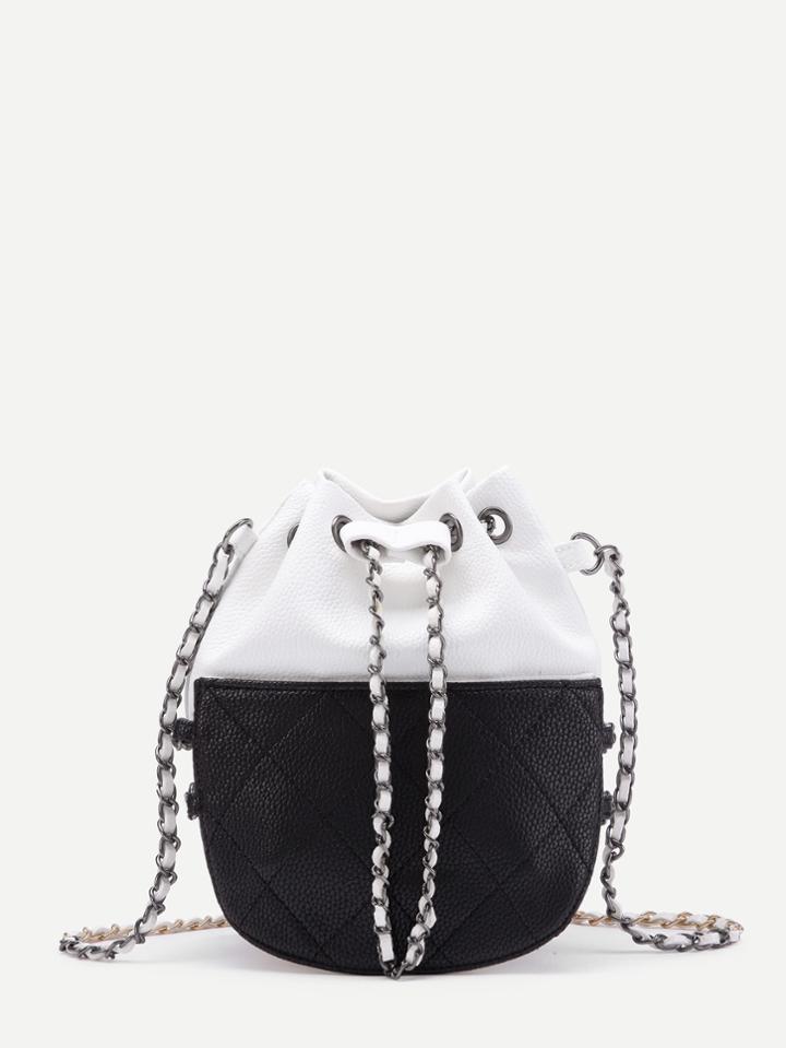 Romwe Two Tone Quilted Drawstring Pu Chain Bag