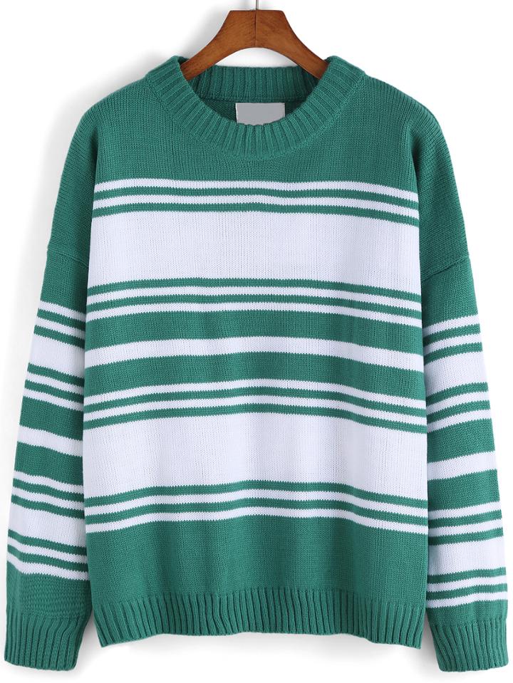 Romwe Round Neck Striped Green Sweater