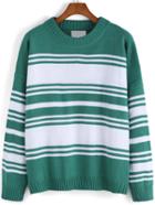 Romwe Round Neck Striped Green Sweater