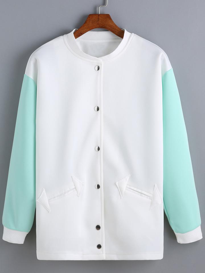 Romwe Contrast Sleeve Edge Pockets Pale Green Jacket