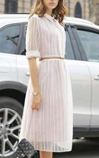 Romwe Lapel Vertical Striped With Belt Organza Dress