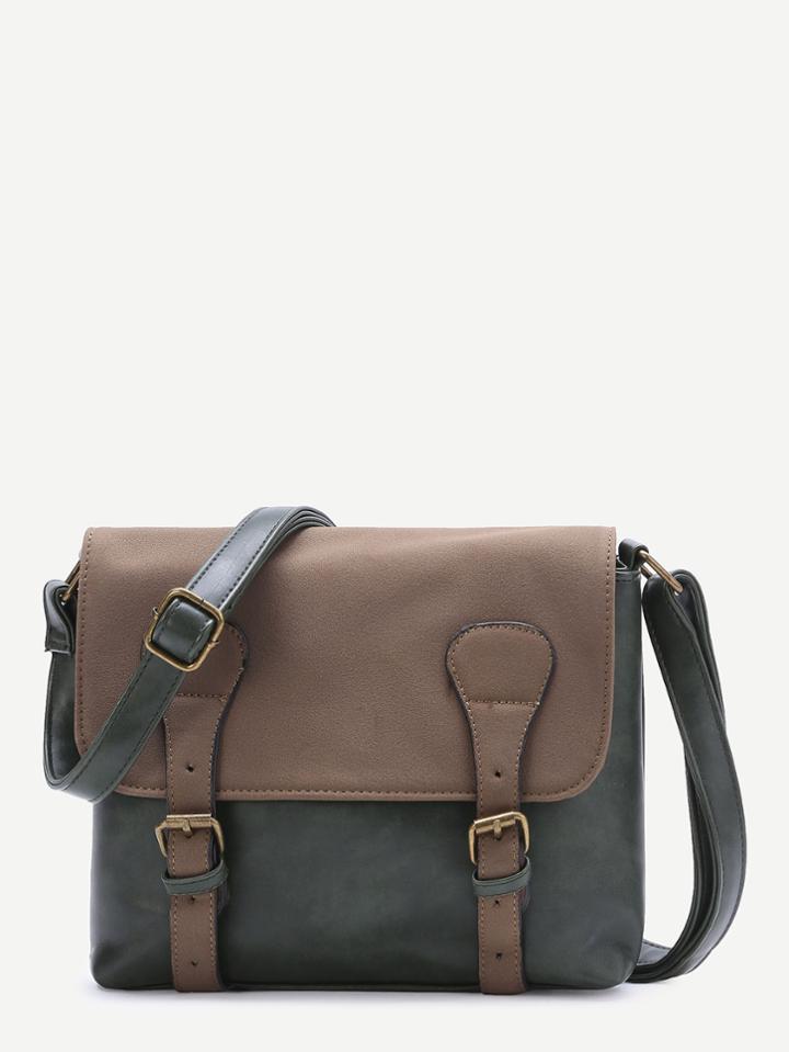 Romwe Dark Green Color Block Double Buckle Pu Shoulder Bag