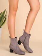 Romwe Grey Faux Suede Almond Toe Chunky Heel Short Boots