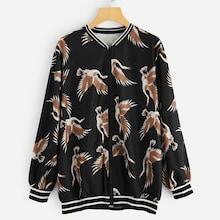 Romwe Plus Crane Print Zip-up Jacket
