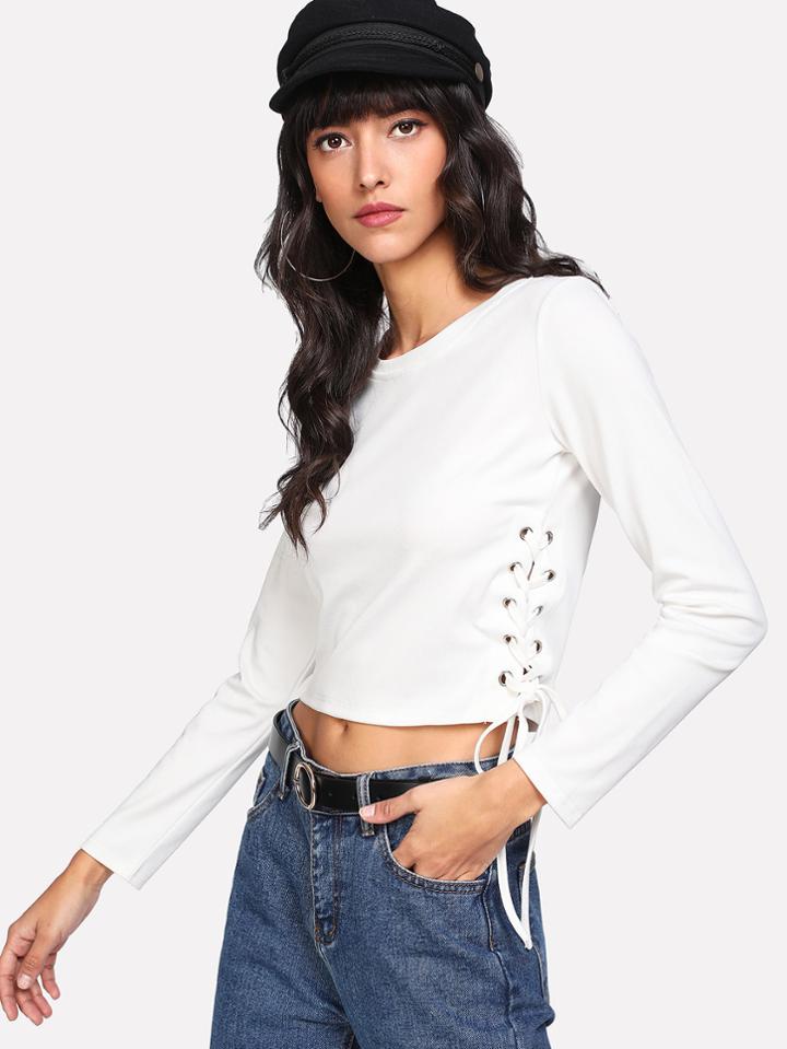 Romwe Lace Up Side Crop Tee