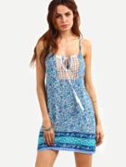 Romwe Lace Insert Tie-neck Flower Print Cami Dress - Blue