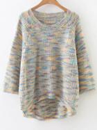 Romwe Multicolor Marled Knit Raglan Sleeve Dip Hem Sweater