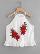 Romwe Rose Embroidered Applique Frill Hem Cami Top