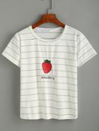 Romwe White Striped Strawberry Embroidered T-shirt