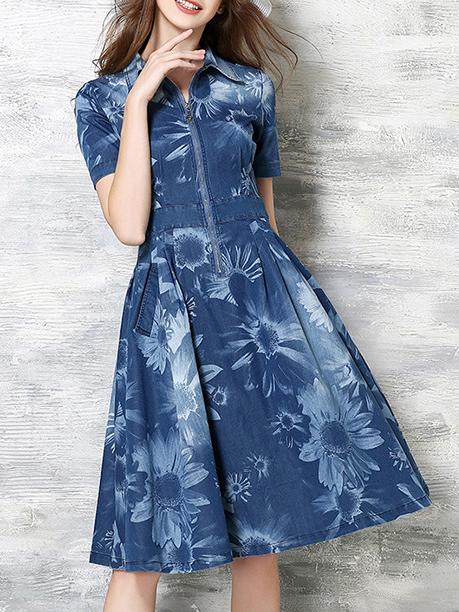 Romwe Blue Lapel Denim A-line Dress