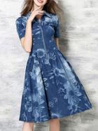 Romwe Blue Lapel Denim A-line Dress