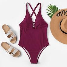 Romwe Criss Cross Plain Swimsuit