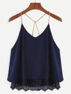 Romwe Navy Lace Trimmed Chain Strap Chiffon Cami Top