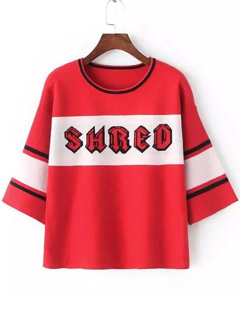 Romwe Letter Print Striped Trim Red Sweater