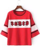 Romwe Letter Print Striped Trim Red Sweater