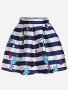 Romwe Blue White Striped Pleated Flare Skirt