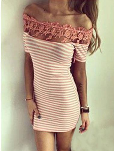 Romwe Lace Off-the-shoulder Striped Sheath Dress