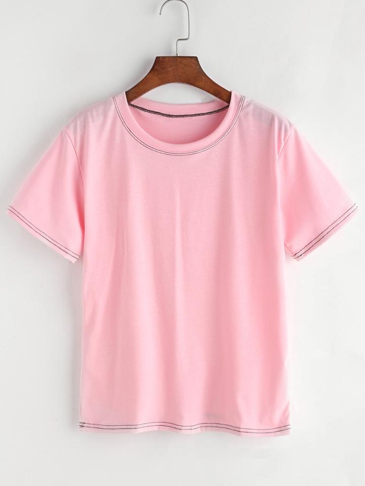 Romwe Pink Stitch Detail Causal T-shirt