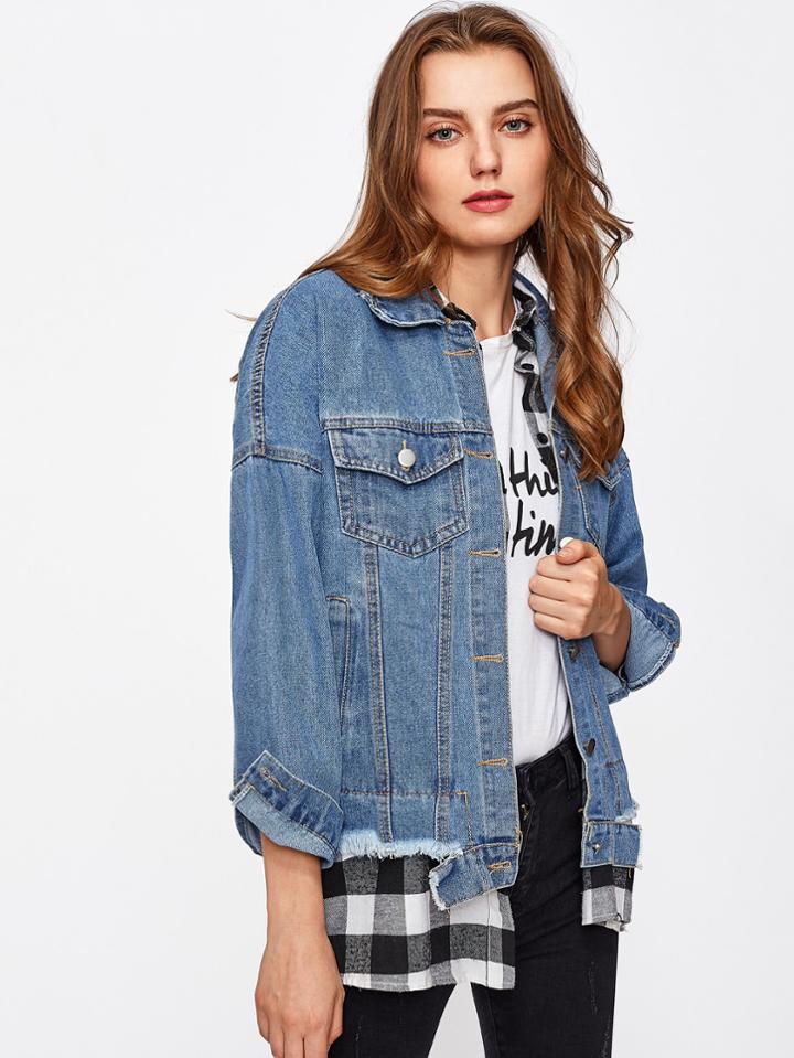 Romwe Frayed Hem And Neckline Denim Jacket