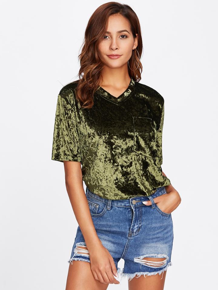 Romwe Crushed Velvet V-neckline Tee