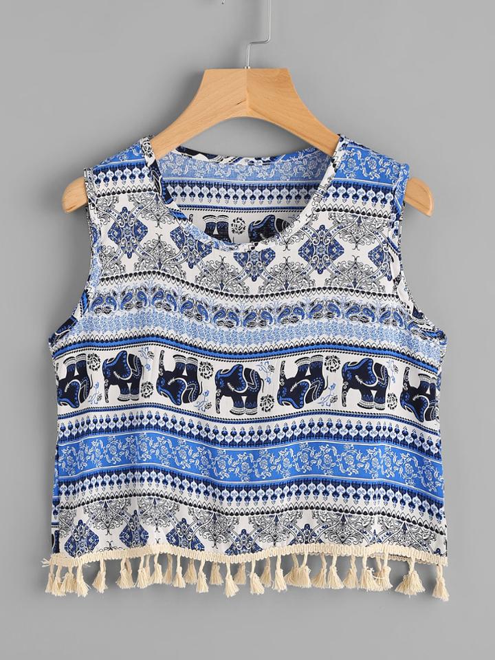 Romwe Allover Printed Random Tassel Hem Tank Top