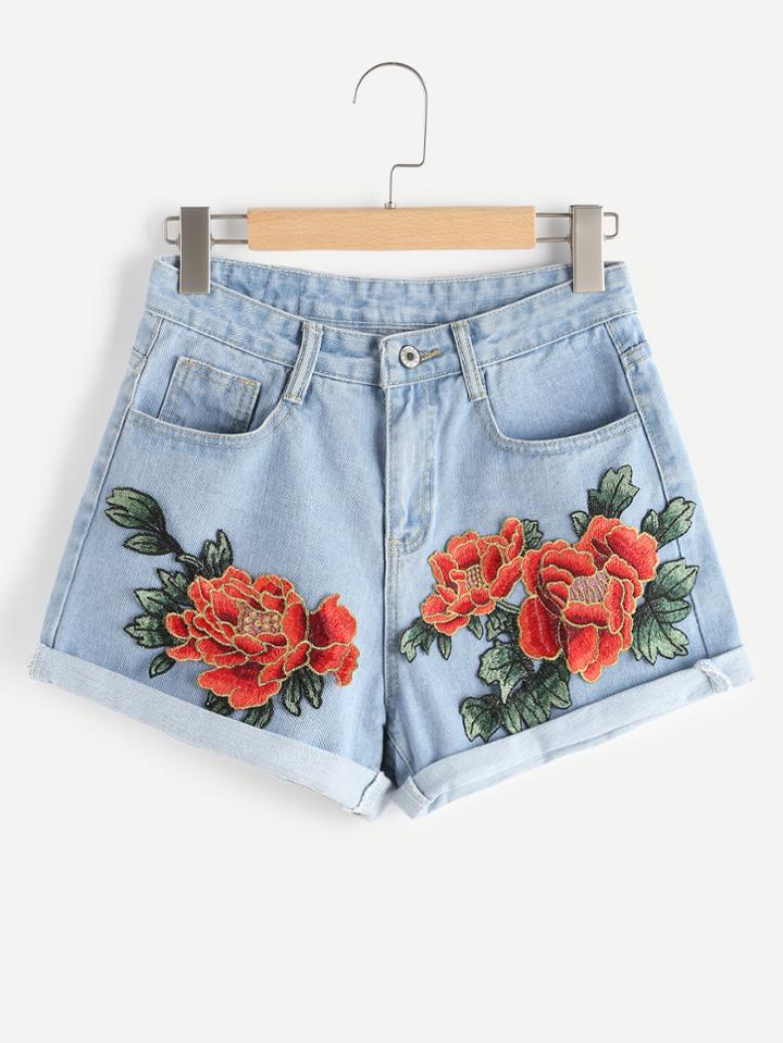 Romwe Appliques Rolled Hem Denim Shorts
