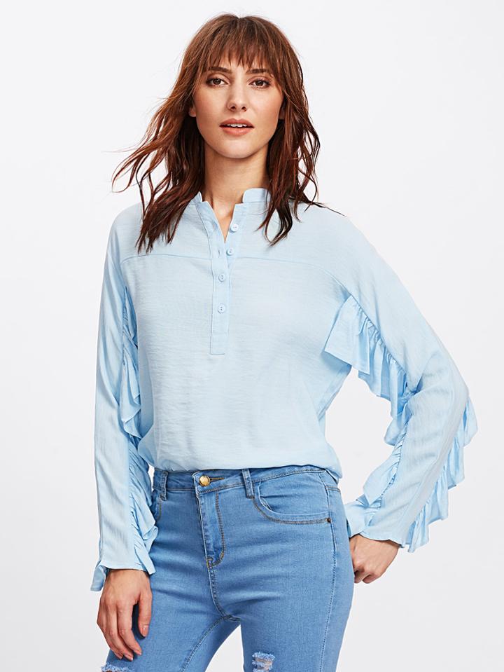 Romwe Half Placket Flounce Trim Blouse