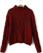 Romwe Wine High Neck Vintage Cable Sweater