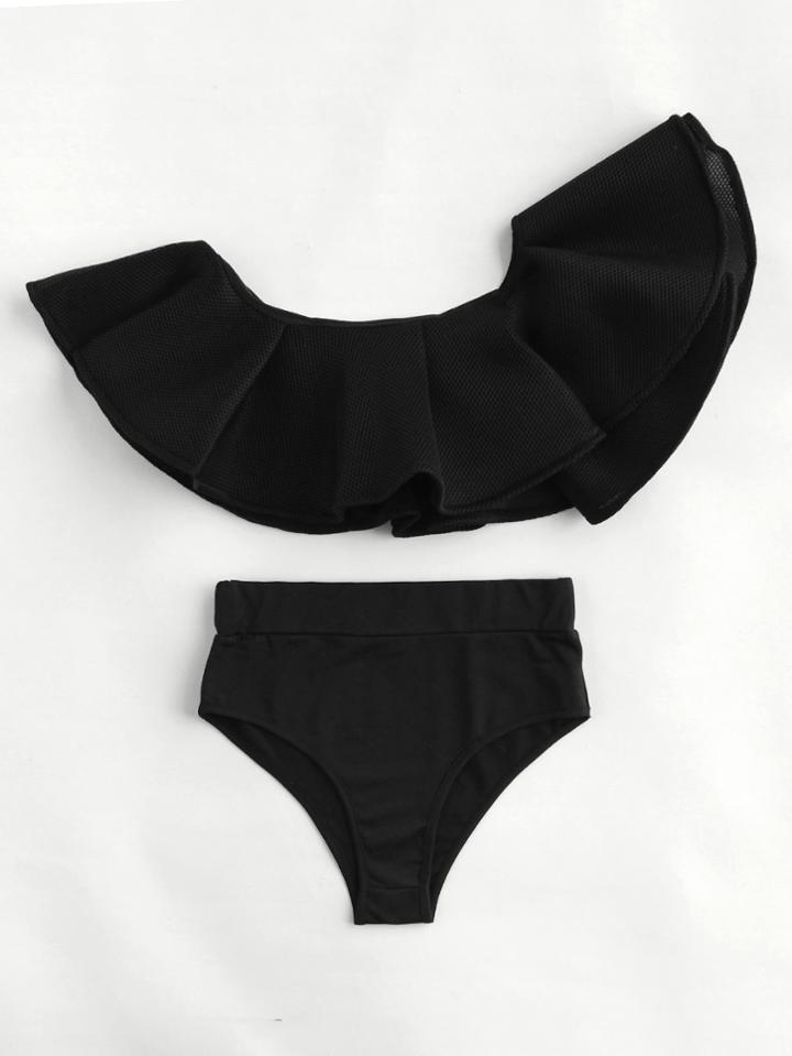 Romwe One Shoulder Layered Flounce High Waist Bikini Set