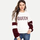 Romwe Faux Fur Embellished Letter Sweatshirt