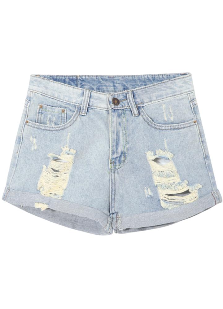 Romwe Light Blue Cuffed Ripped Denim Shorts