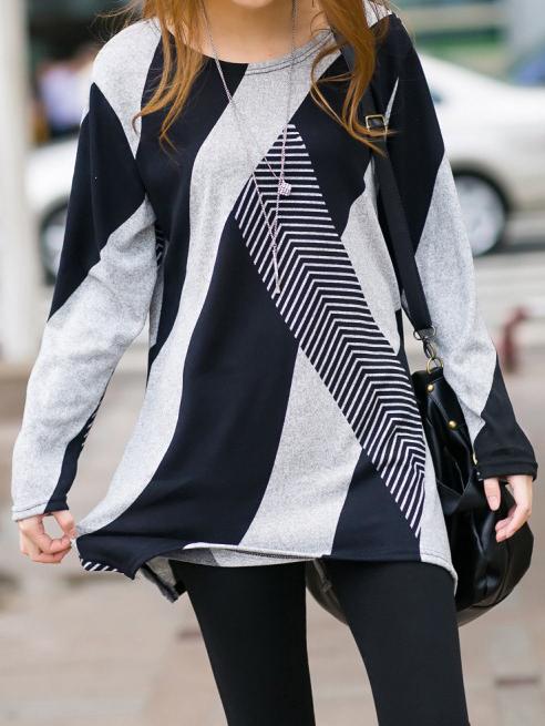 Romwe Blue Long Sleeve Striped Loose T-shirt