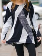 Romwe Blue Long Sleeve Striped Loose T-shirt