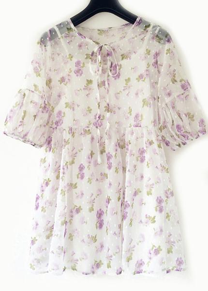Romwe Half Sleeve Rose Print Chiffon Purple Dress
