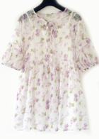 Romwe Half Sleeve Rose Print Chiffon Purple Dress