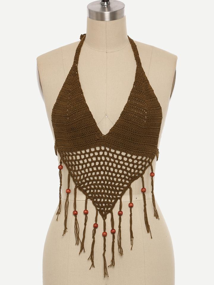 Romwe Beaded Fringe Trimmed Crop Crochet Top - Khaki