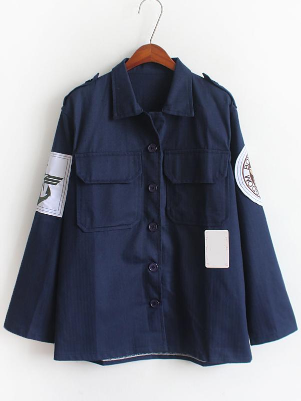Romwe Lapel With Pockets Patch Blue Coat