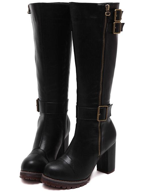 Romwe Black Zipper Buckle Strap High Heeled Boots