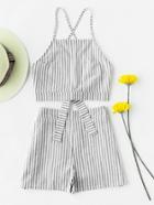 Romwe Striped Criss Cross Bow Tie Open Back Top With Shorts