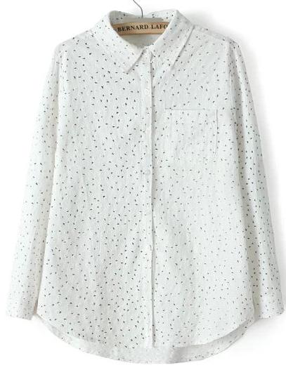 Romwe Bird Print Lapel Pocket White Blouse