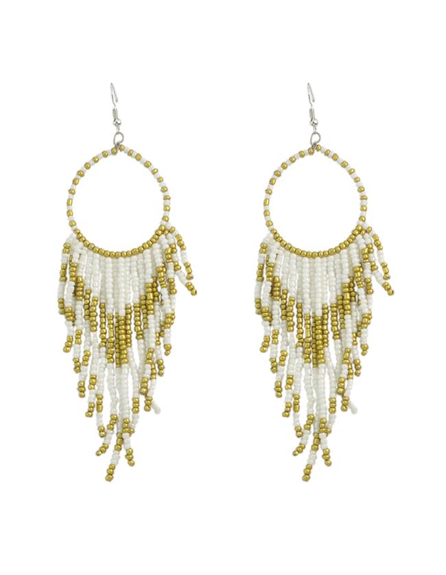 Romwe Bohemian Design White Long Drop Small Beads Earrings