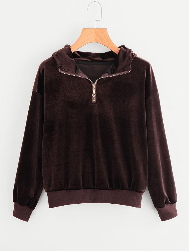 Romwe Zip Neck Velvet Sweatshirt